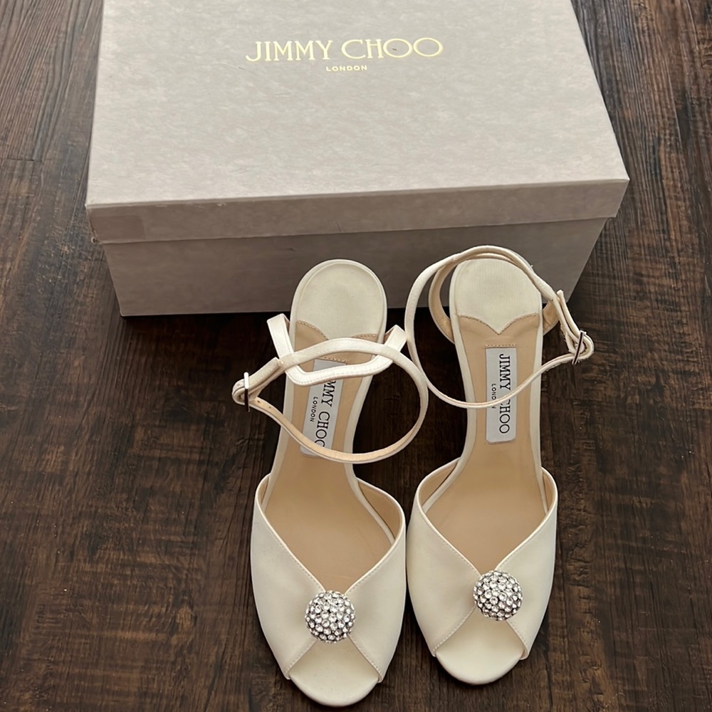 Sacora 85-Ivory Satin Sandals with Crystal-Embellished Sphere